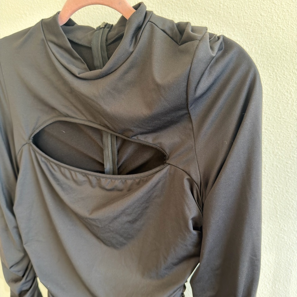 Black XL Ruched Cutout Bodycon Mini Dress Long Sleeve Club Party - Picture 6 of 7